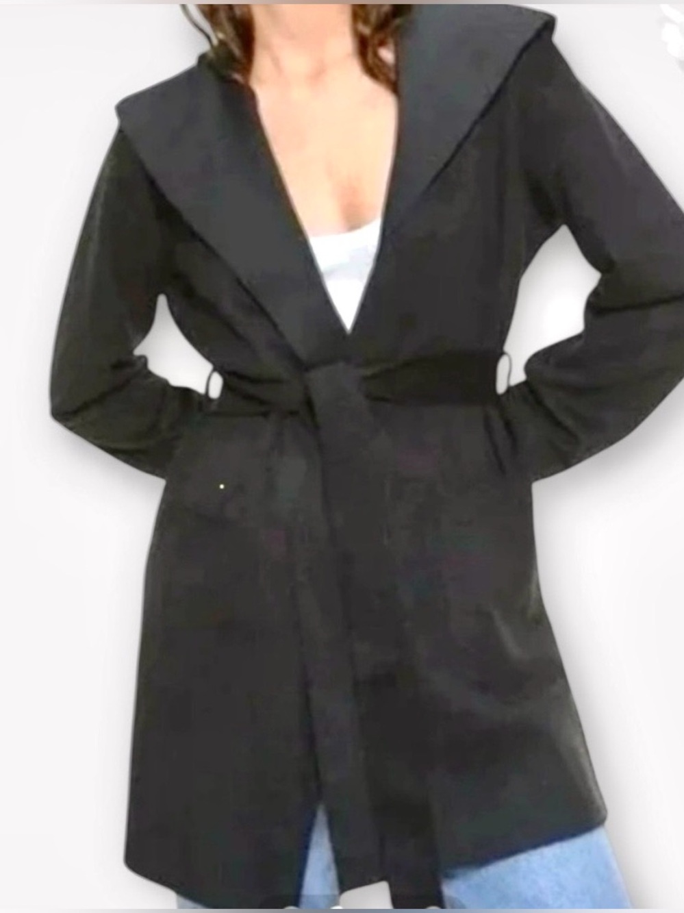 Zara Sz XS Black Hooded Faux Suede Wrap Self Tie Jacket.